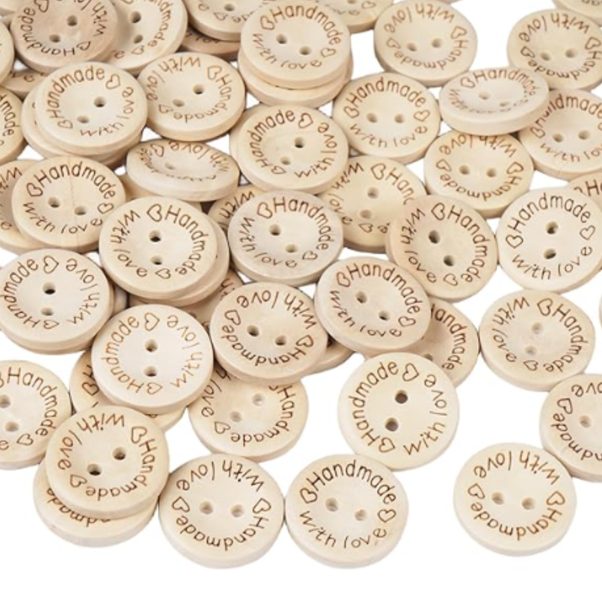 Wooden Handmade With Love Buttons 9 ct