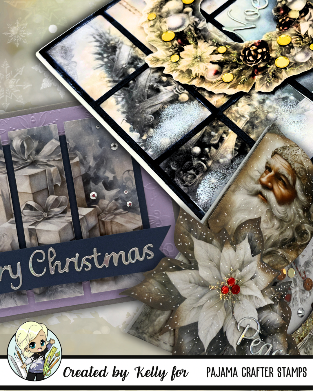 Vintage Christmas Card Panels with Card Bases and Envelopes